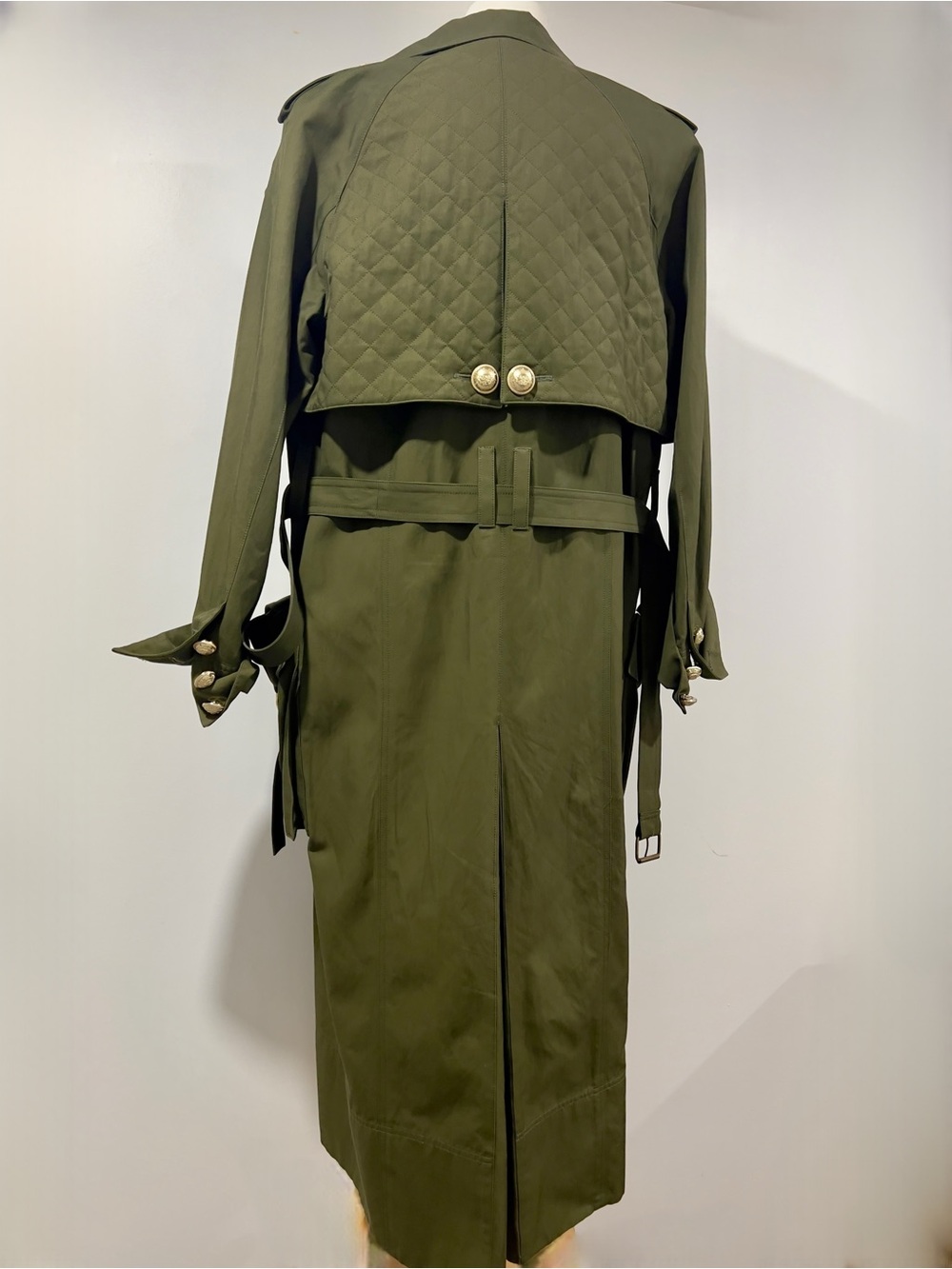 Balmain Olive Green Trench Coat with Gold Buttons - Picture 3 of 16